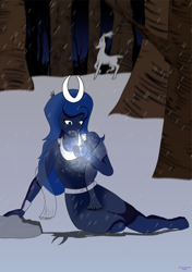 Size: 494x700 | Tagged: safe, artist:lullabyjak, imported from derpibooru, princess luna, deer, equestria girls, clothes, commission, goddess, magic, moon, photo, selene, snow, solo