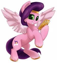Size: 2642x2954 | Tagged: safe, artist:gleamydreams, imported from derpibooru, pipp petals, pegasus, pony, adorapipp, cute, female, g5, happy, headband, high res, mare, my little pony: a new generation, phone, smiling, solo, spread wings, unshorn fetlocks, wings