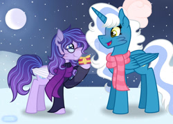 Size: 1280x915 | Tagged: safe, artist:purplepotato04, imported from derpibooru, oc, oc only, oc:fleurbelle, oc:lavender moonshine, alicorn, pegasus, pony, clothes, female, glasses, mare, moon, obtrusive watermark, present, scarf, snow, sweater, watermark