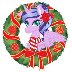 Size: 1280x1280 | Tagged: safe, artist:katelynleeann42, imported from derpibooru, oc, oc only, oc:dreamlight, alicorn, pony, bust, christmas wreath, clothes, female, mare, portrait, scarf, simple background, solo, transparent background, wreath