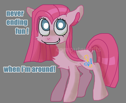 Size: 1128x920 | Tagged: safe, artist:cutiesparke, derpibooru exclusive, imported from derpibooru, pinkie pie, earth pony, pony, female, gray background, mare, pinkamena diane pie, simple background, smiling, solo, text