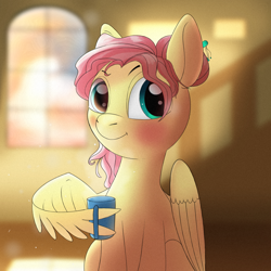 Size: 1080x1080 | Tagged: safe, artist:杏银花开, imported from derpibooru, fluttershy, pegasus, pony, blushing, female, looking at you, mare, mug, solo, wing hands, wings