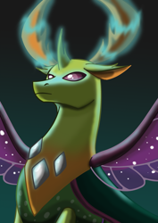 Size: 2059x2912 | Tagged: safe, artist:milynh83, imported from derpibooru, thorax, changedling, changeling, frown, glowing, glowing antlers, glowing horn, gradient background, high res, horn, horns, king thorax, looking up, magic, male, purple eyes, purple wings, solo, sparkles, sparkly wings, spread wings, wings