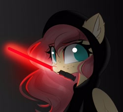 Size: 1923x1748 | Tagged: safe, artist:janelearts, imported from derpibooru, fluttershy, pony, lightsaber, mouth hold, sith, solo, star wars, weapon