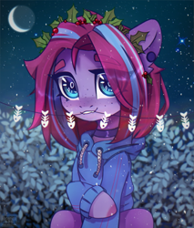 Size: 1029x1209 | Tagged: safe, artist:radioaxi, imported from derpibooru, oc, oc only, earth pony, pony, clothes, freckles, hoodie, moon, night, sky, solo, stars