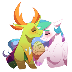 Size: 1280x1280 | Tagged: safe, artist:primrosepaper, imported from derpibooru, princess celestia, thorax, alicorn, changedling, changeling, pony, blushing, colored pupils, egg, ethereal mane, eyes closed, feather, female, flowing mane, folded wings, horn, horns, king thorax, male, shipping, simple background, starry mane, straight, thoralestia, transparent background, wings