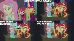 Size: 1280x720 | Tagged: safe, edit, edited screencap, editor:quoterific, imported from derpibooru, screencap, fluttershy, sunset shimmer, costume conundrum, costume conundrum: sunset shimmer, equestria girls, equestria girls series, spoiler:eqg series (season 2), clothes, cutie mark, cutie mark on clothes, duo, duo female, eyes closed, female, geode of empathy, geode of fauna, hairpin, jacket, jewelry, leather, leather jacket, magical geodes, necklace, open mouth