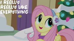 Size: 1280x720 | Tagged: safe, edit, edited screencap, editor:quoterific, imported from derpibooru, screencap, fluttershy, pegasus, pony, best gift ever, christmas, christmas lights, christmas tree, cute, earmuffs, female, holiday, mare, open mouth, open smile, shyabetes, smiling, snow, solo, tree