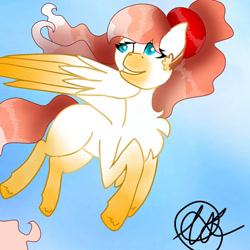 Size: 1500x1500 | Tagged: safe, artist:teonnakatztkgs, imported from derpibooru, oc, oc only, pegasus, pony, eyelashes, female, flying, looking back, mare, pegasus oc, signature, smiling, solo, wings