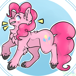 Size: 1080x1080 | Tagged: safe, artist:delliumz, imported from derpibooru, pinkie pie, earth pony, pony, abstract background, chest fluff, cloven hooves, ear fluff, female, grin, mare, smiling, solo