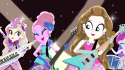 Size: 1367x768 | Tagged: safe, artist:gihhbloonde, imported from derpibooru, oc, oc only, oc:gihh bloonde, equestria girls, legend of everfree, base used, clothes, dress, electric guitar, eyelashes, eyes closed, female, flower, flower in hair, gloves, group, guitar, long gloves, makeup, musical instrument, smiling