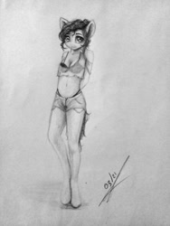 Size: 960x1280 | Tagged: safe, artist:thatdreamerarts, imported from derpibooru, apple bloom, anthro, unguligrade anthro, bra, clothes, daisy dukes, female, grayscale, monochrome, see-through, shorts, solo, teenage apple bloom, traditional art, underwear