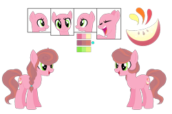 Size: 1020x678 | Tagged: safe, artist:teaneey, imported from derpibooru, oc, oc only, earth pony, pony, bald, base used, earth pony oc, female, mare, offspring, parent:big macintosh, parent:sugar belle, parents:sugarmac, reference sheet, simple background, smiling, transparent background