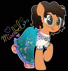 Size: 1724x1797 | Tagged: safe, artist:lovinglypromise, imported from derpibooru, earth pony, pony, black background, clothes, cute, encanto, female, glasses, mare, mirabel madrigal, ponified, simple background, solo