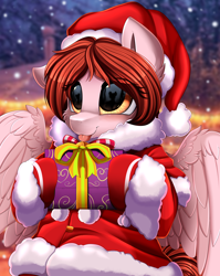 Size: 2550x3209 | Tagged: safe, artist:pridark, imported from derpibooru, oc, oc only, oc:weathervane, pegasus, pony, christmas, clothes, costume, hat, high res, holiday, present, reflection, santa costume, santa hat, snow, snowfall, solo