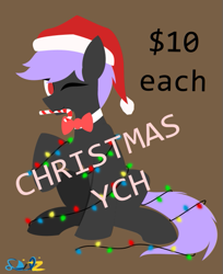 Size: 457x559 | Tagged: safe, artist:samsailz, imported from derpibooru, oc, oc only, bowtie, candy, candy cane, christmas, christmas lights, commission, food, hat, holiday, lineless, no pupils, one eye closed, santa hat, solo, tangled up, wink, ych example, ych result, your character here