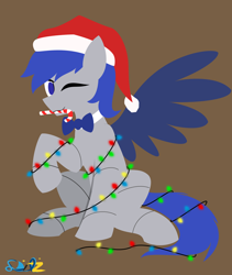 Size: 2362x2795 | Tagged: safe, artist:samsailz, imported from derpibooru, oc, oc only, pegasus, bowtie, candy, candy cane, christmas, christmas lights, commission, food, hat, high res, holiday, lineless, no pupils, santa hat, solo, tangled up, ych example, ych result, your character here