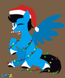 Size: 2362x2795 | Tagged: safe, artist:samsailz, imported from derpibooru, oc, oc only, pegasus, blaze (coat marking), candy, candy cane, christmas, christmas lights, coat markings, commission, facial markings, food, hat, high res, holiday, lineless, no pupils, santa hat, socks (coat markings), solo, tangled up, ych example, ych result, your character here