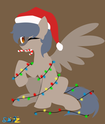 Size: 2362x2795 | Tagged: safe, artist:samsailz, imported from derpibooru, oc, oc only, pegasus, candy, candy cane, christmas, christmas lights, commission, food, hat, high res, holiday, lineless, no pupils, santa hat, solo, tangled up, ych example, ych result, your character here