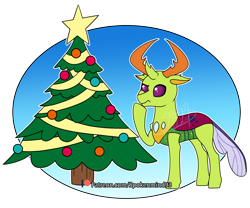 Size: 3000x2500 | Tagged: safe, artist:spokenmind93, imported from derpibooru, thorax, changedling, changeling, christmas, christmas changeling, christmas tree, confused, hearth's warming eve, high res, holiday, king thorax, patreon, patreon logo, patreon reward, simple background, solo, stars, transparent background, tree