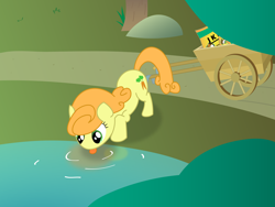 Size: 2560x1920 | Tagged: safe, artist:greenhoof, imported from derpibooru, carrot top, golden harvest, earth pony, pony, cart, cute, face down ass up, female, horses doing horse things, jinkela, lapping, licking, mare, solo, tongue out, tree, vector, water, wheel