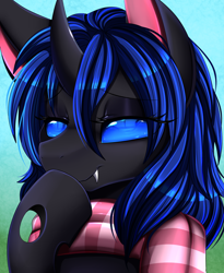 Size: 1446x1764 | Tagged: safe, artist:pridark, imported from derpibooru, oc, oc only, oc:swift dawn, changeling, blue background, blue changeling, blue eyes, bust, changeling oc, clothes, eyebrows, eyebrows visible through hair, eyelashes, eyeliner, eyeshadow, fangs, femboy, gradient background, green background, hoof over mouth, horn, lidded eyes, looking at you, makeup, male, portrait, raffle prize, scarf, simple background, smiling, smiling at you, solo, stallion, trap