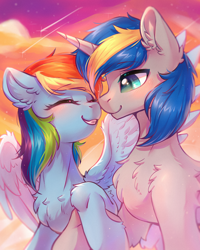 Size: 2800x3500 | Tagged: safe, artist:peaceanya0206, imported from derpibooru, rainbow dash, oc, oc:dopami korpela, pegasus, pony, unicorn, blushing, canon x oc, chest fluff, dopadash, female, high res, horn, male, mare, shipping, shooting star, stallion, straight, sunset, unicorn oc