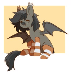 Size: 1144x1162 | Tagged: safe, artist:cheekipone, imported from derpibooru, oc, oc only, oc:kesmot, bat pony, pony, bat pony oc, bat wings, chibi, clothes, cute, cute little fangs, eyes closed, fangs, freckles, male, simple background, socks, solo, stallion, stockings, striped socks, thigh highs, white background, wings