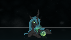 Size: 1920x1080 | Tagged: safe, artist:alphamuppet, imported from derpibooru, queen chrysalis, changeling, changeling queen, female, looking at you, lying down, simple background, solo, wallpaper