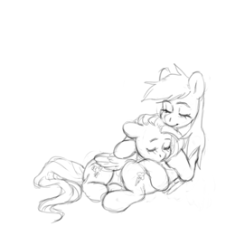 Size: 3000x3000 | Tagged: safe, artist:bloodymrr, imported from derpibooru, fluttershy, rainbow dash, pegasus, pony, cuddling, female, floppy ears, flower, flutterdash, high res, lesbian, shipping, sketch, sleeping, sleepy, wingding eyes, wings