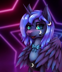 Size: 1080x1260 | Tagged: safe, artist:shamziwhite, imported from derpibooru, princess luna, alicorn, pony, bowtie, bust, chest fluff, fanart, feathered wings, female, horn, open mouth, portrait, smiling, solo, standing, wings