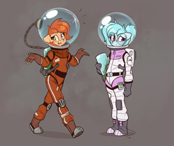 Size: 2010x1685 | Tagged: safe, artist:rexyseven, imported from derpibooru, oc, oc:rusty gears, oc:whispy slippers, anthro, bubble helmet, duo, space helmet, spacesuit