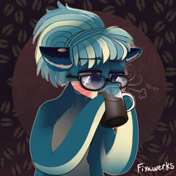 Size: 6000x6000 | Tagged: safe, artist:fiyawerks, imported from derpibooru, oc, oc only, oc:gizmo, earth pony, pony, bored, bust, coffee, coffee mug, dark background, drinking, glasses, huff, mug, sipping, solo, waist up