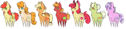 Size: 2189x504 | Tagged: safe, artist:radpanda426, imported from derpibooru, apple bloom, applejack, big macintosh, bright mac, diamond tiara, granny smith, pear butter, earth pony, pony, chibi, female, filly, male, mare, simple background, stallion, transparent background