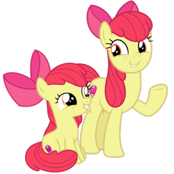 Size: 2048x2048 | Tagged: safe, artist:media1997, artist:sketchmcreations, artist:timeymarey007, imported from derpibooru, apple bloom, earth pony, pony, apple bloom's bow, bow, duality, duo, duo female, female, filly, foal, grin, hair bow, high res, mare, raised hoof, self paradox, self ponidox, simple background, sitting, smiling, time paradox, transparent background, vector