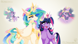 Size: 4800x2700 | Tagged: safe, artist:alzmariowolfe, imported from derpibooru, princess celestia, twilight sparkle, alicorn, pony, unicorn, the last problem, absurd file size, big crown thingy, crown, cutie mark, duo, duo female, element of magic, ethereal mane, eye clipping through hair, eyebrows, eyebrows visible through hair, eyes closed, female, filly, filly twilight sparkle, g4, glowing, glowing horn, gradient background, growth, high res, horn, jewelry, magic, magic aura, magic kindergarten, mamma mia!, mare, medal, necklace, older, older twilight, open mouth, open smile, peytral, princess, princess twilight 2.0, regalia, signature, smiling, starry mane, teacher and student, telekinesis, twilight sparkle (alicorn), unicorn twilight, wall of tags, younger