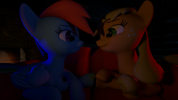 Size: 3840x2160 | Tagged: artist needed, safe, imported from derpibooru, applejack, rainbow dash, earth pony, pegasus, pony, 3d, appledash, female, high res, lesbian, original art, photo, shipping