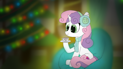 Size: 1903x1063 | Tagged: safe, artist:_rynn, imported from derpibooru, sweetie belle, pony, unicorn, blurry background, christmas, christmas lights, christmas tree, clothes, couch, cup, cute, cutie mark, ear fluff, female, fireplace, food, headphones, holiday, scarf, solo, tea, tinsel, tree, window