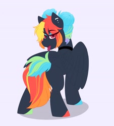 Size: 3698x4096 | Tagged: safe, artist:rand-dums, imported from derpibooru, oc, oc only, pegasus, pony, choker, female, looking back, multicolored hair, open mouth, piercing, simple background, solo, tongue out, tongue stud