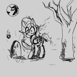 Size: 1000x1000 | Tagged: safe, artist:igorbanette, imported from derpibooru, oc, oc only, oc:thorn darkness, pegasus, pony, gravestone, mare in the moon, moon, sketch, solo, tree, wisp