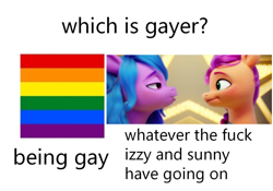 Size: 1000x700 | Tagged: safe, artist:jadeharmony, edit, edited screencap, imported from derpibooru, screencap, izzy moonbow, sunny starscout, earth pony, pony, unicorn, spoiler:my little pony: a new generation, bedroom eyes, duo, female, g5, gay pride flag, izzy is tol, izzyscout, lesbian, looking at each other, looking at someone, mare, meme, my little pony: a new generation, pride, pride flag, shipping, shitposting, simple background, vulgar, white background