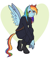 Size: 1107x1297 | Tagged: safe, artist:meliciamelano, imported from derpibooru, rainbow dash, anthro, plantigrade anthro, boots, clothes, crouching, looking at you, shoes, simple background, smiling, solo, wings