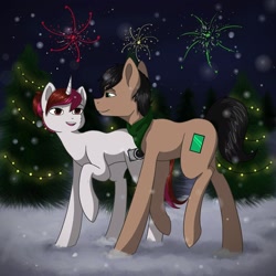 Size: 2160x2160 | Tagged: safe, artist:krotir56, imported from derpibooru, oc, oc only, oc:kosh, oc:vetta, earth pony, pony, unicorn, christmas, christmas lights, christmas tree, female, high res, holiday, male, mare, smiling, snow, stallion, tree