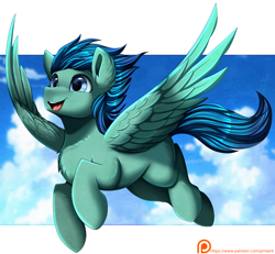 Size: 3846x3555 | Tagged: safe, artist:pridark, imported from derpibooru, oc, oc only, pegasus, pony, cute, flying, high res, male, ocbetes, open mouth, patreon, patreon logo, patreon reward, pegasus oc, solo