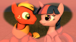 Size: 852x478 | Tagged: safe, artist:kwark85, imported from derpibooru, big macintosh, twilight sparkle, 3d, female, looking at each other, looking at someone, male, shipping, source filmmaker, stallion, straight, twimac