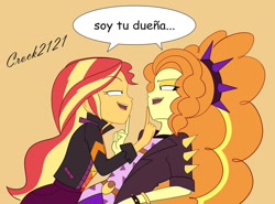 Size: 1136x842 | Tagged: safe, artist:crock2121, imported from derpibooru, adagio dazzle, sunset shimmer, equestria girls, equestria girls series, sunset's backstage pass!, spoiler:eqg series (season 2), female, lesbian, music festival outfit, shipping, spanish, sunsagio