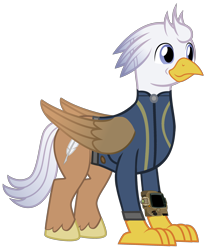 Size: 2354x2842 | Tagged: safe, artist:ponygamer2020, imported from derpibooru, oc, oc only, oc:silver quill, classical hippogriff, hippogriff, fallout equestria, clothes, fallout, high res, hippogriff oc, jumpsuit, male, pipboy, simple background, solo, transparent background, vault suit, vector, wings