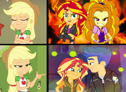 Size: 1815x1320 | Tagged: safe, imported from derpibooru, adagio dazzle, applejack, flash sentry, sunset shimmer, human, equestria girls, equestria girls (movie), equestria girls series, holidays unwrapped, rainbow rocks, star crossed, spoiler:eqg series (season 2), female, flashimmer, hotline bling, implied lesbian, implied shipping, implied sunsagio, male, meme, shipping, straight