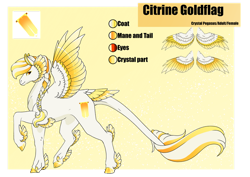 Size: 1024x725 | Tagged: safe, artist:oneiria-fylakas, imported from derpibooru, oc, oc only, oc:citrine goldflag, pegasus, pony, feathered fetlocks, female, mare, reference sheet, solo, tail, tail feathers