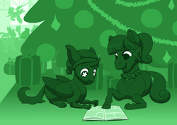 Size: 3508x2480 | Tagged: safe, artist:jackiebloom, imported from derpibooru, oc, oc:felix genimen, oc:twilight moonstone, hippogriff, pony, comic:...stay?, book, christmas, christmas tree, female, filly, greenscale, high res, holiday, lying down, magical lesbian spawn, monochrome, offspring, parent:rarity, parent:twilight sparkle, parents:rarilight, present, prone, starry eyes, tree, wingding eyes